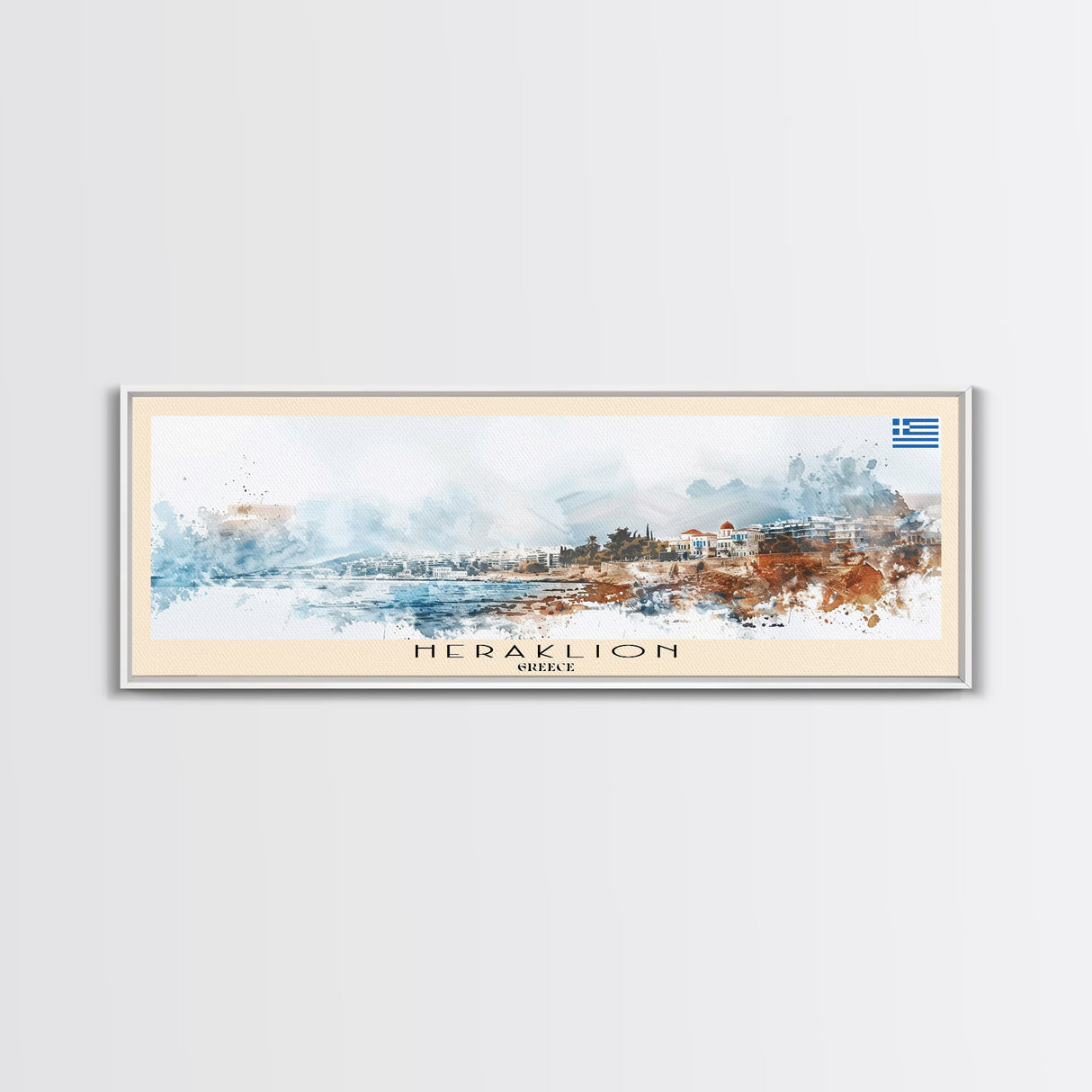 Heraklion Greece Panoramic Travel Poster, Framed Canvas Print or Metal Wall Art, Travel Art, Home Decor, Panoramic Painting, Midcentury Art