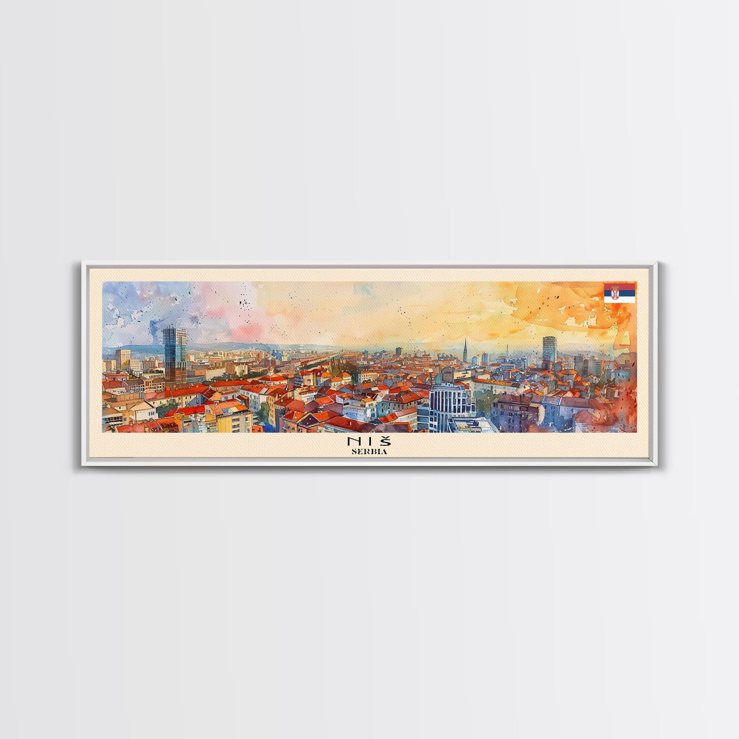 Niš Serbia Panoramic Travel Poster, Framed Canvas Print or Metal Wall Art, Travel Art, Home Decor, Panoramic Painting, Midcentury Art