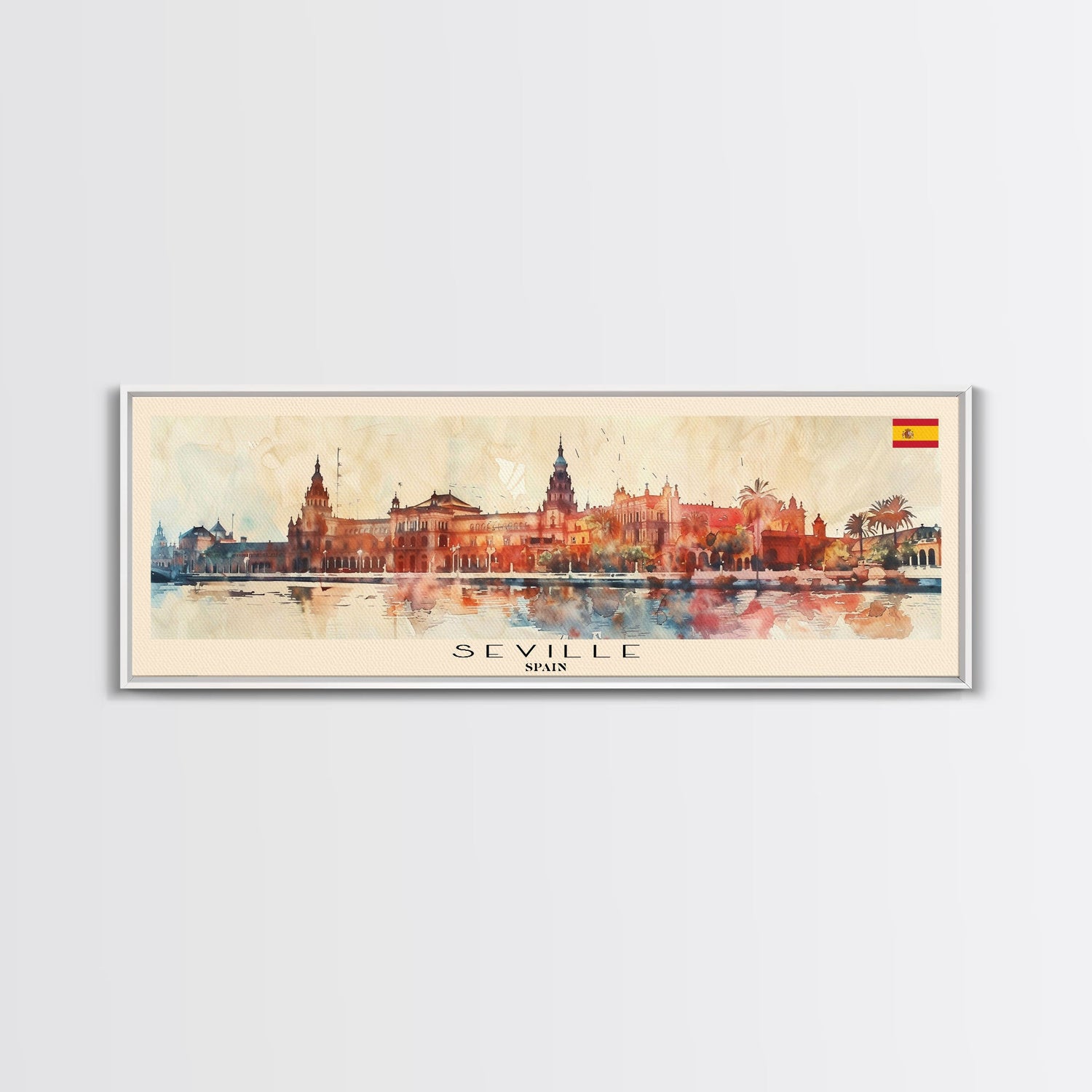Seville Spain Panoramic Travel Poster, Framed Canvas Print or Metal Wall Art, Travel Art, Home Decor, Panoramic Painting, Midcentury Art