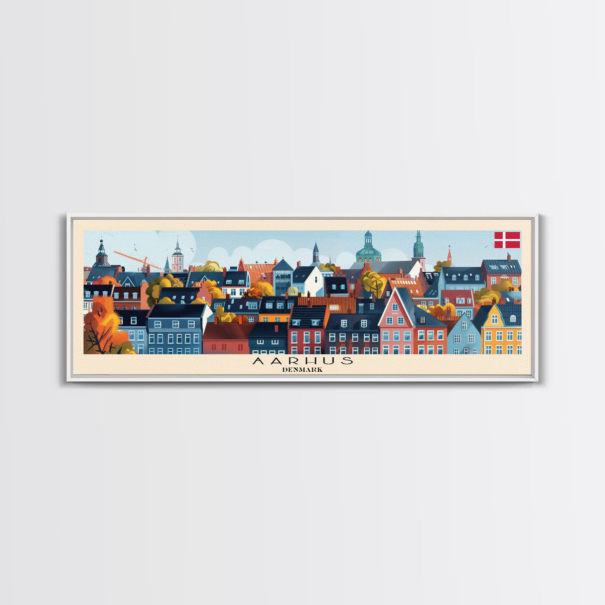 Aarhus Denmark Panoramic Travel Poster, Framed Canvas Print or Metal Wall Art, Travel Art, Home Decor, Panoramic Painting, Midcentury Art