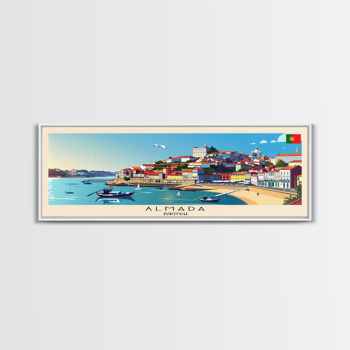 Almada Portugal Travel Art, City Art, Framed Canvas Print or Metal Wall Art, Europe Travel Poster, Panoramic Wall Art, Extra Wide Wall Art