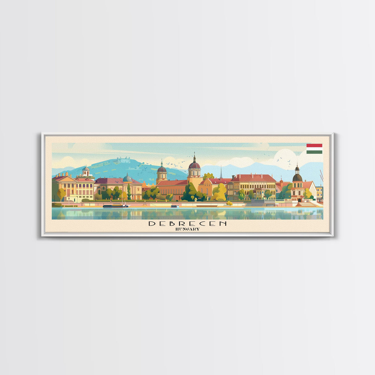 Debrecen Hungary Panoramic Travel Poster, Framed Canvas Print or Metal Wall Art, Travel Art, Home Decor, Panoramic Painting, Midcentury Art
