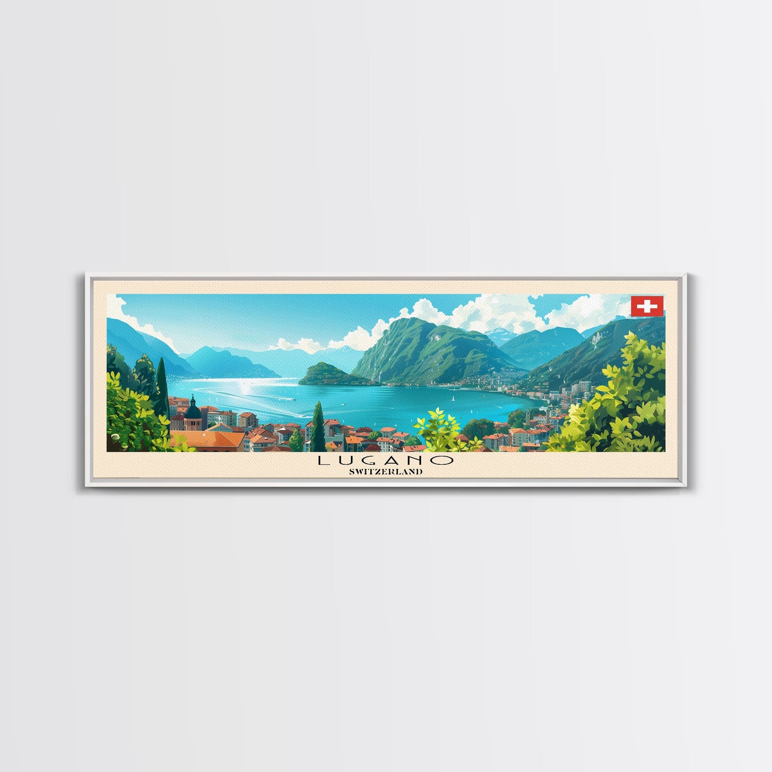Lugano Switzerland Panoramic Travel Poster, Framed Canvas Print or Metal Wall Art, Travel Art, Home Decor, Panoramic Painting, Midcentury Art