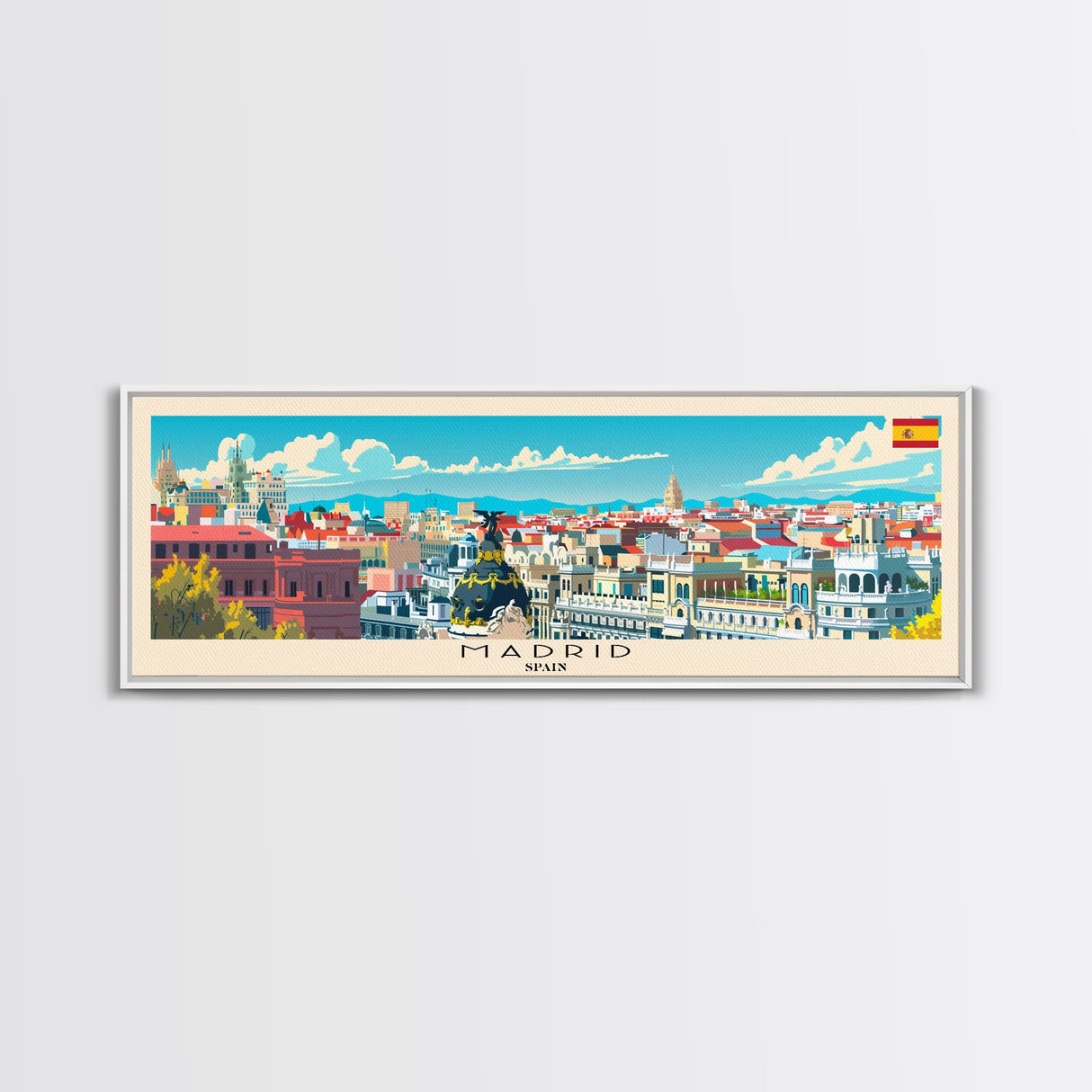 Madrid Spain Panoramic Travel Poster, Framed Canvas Print or Metal Wall Art, Travel Art, Home Decor, Panoramic Painting, Midcentury Art
