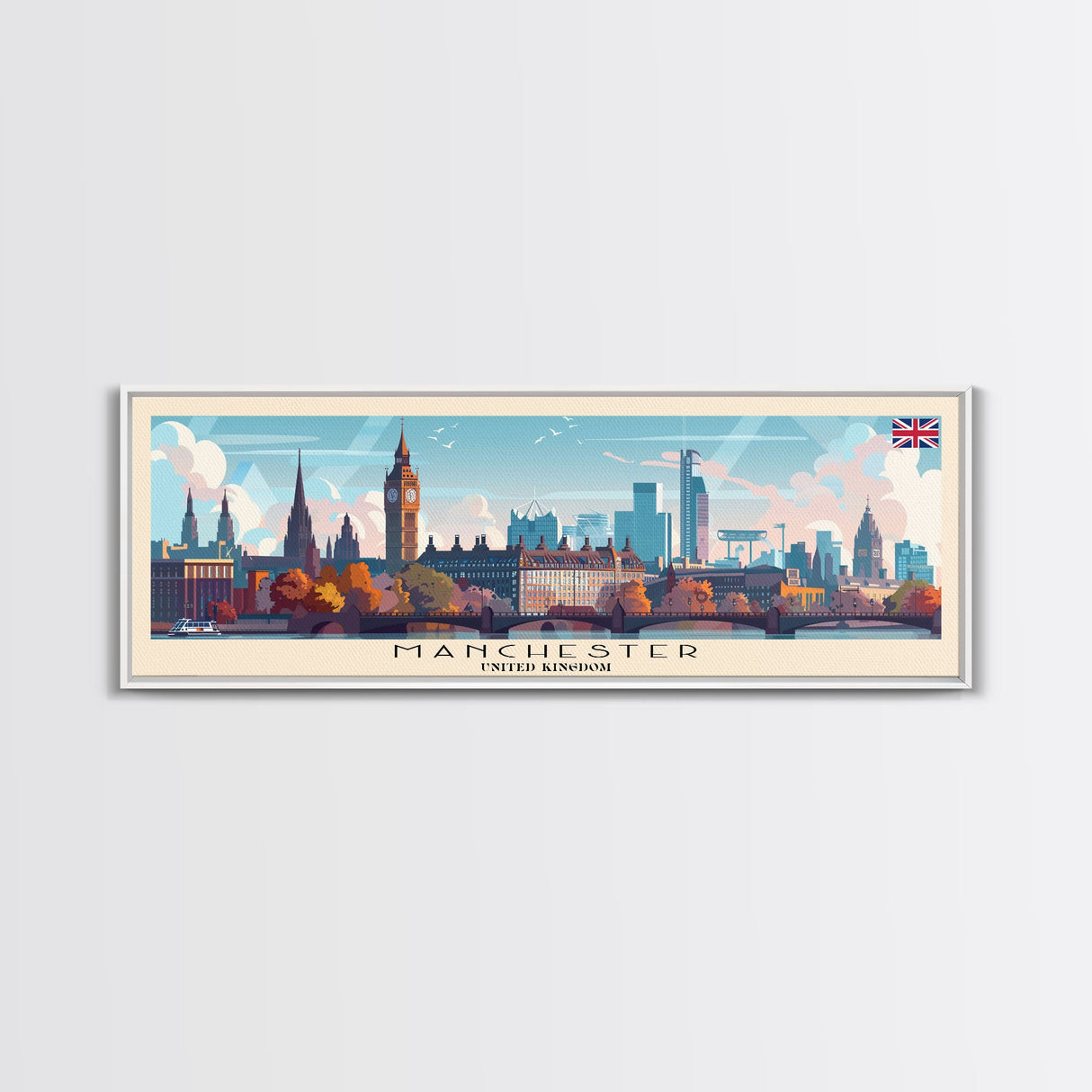Manchester United Kingdom Panoramic Travel Poster, Framed Canvas Print or Metal Wall Art, Travel Art, Home Decor, Panoramic Painting, Midcentury Art