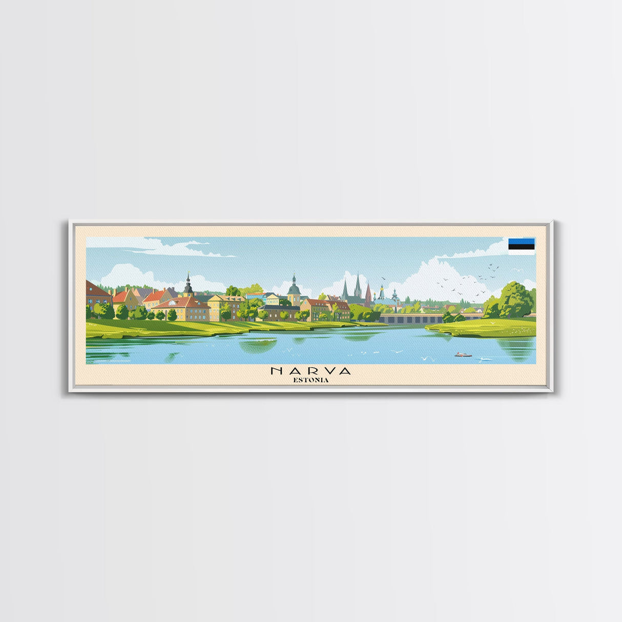 Narva Estonia Panoramic Travel Poster, Framed Canvas Print or Metal Wall Art, Travel Art, Home Decor, Panoramic Painting, Midcentury Art