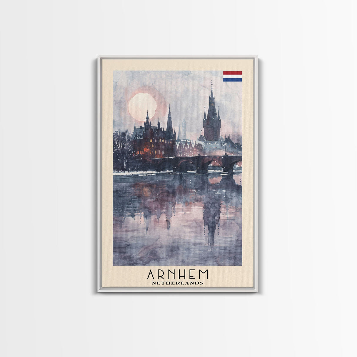 Arnhem Netherlands Travel Poster Framed Canvas Print, Wall Art, Home Decor, Vacation Print, Watercolor Painting, Cityscape Art