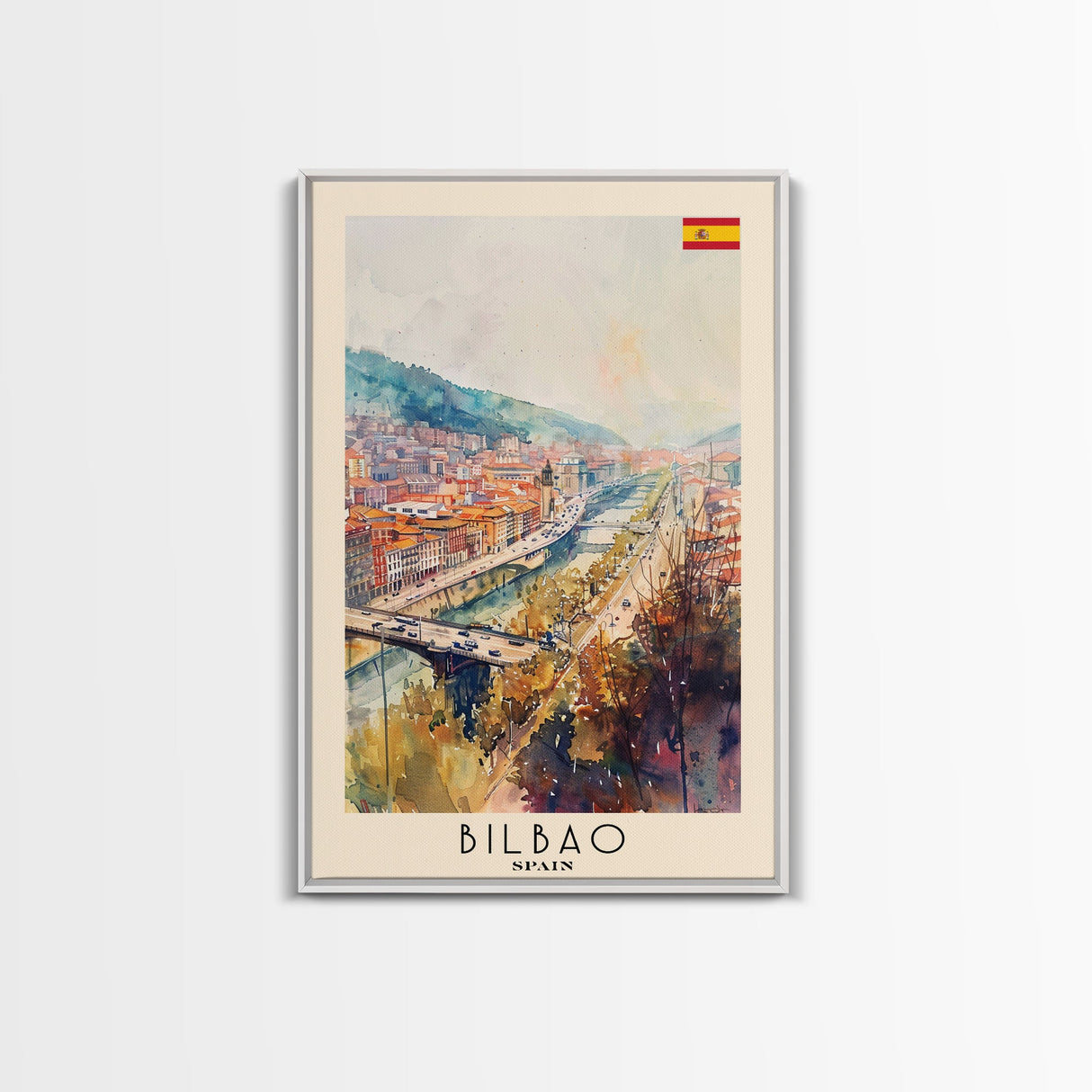 Bilbao Spain Travel Poster Framed Canvas Print, Watercolor Painting, Wall Art, Home Decor, Scenic Travel Print, Cityscape Art
