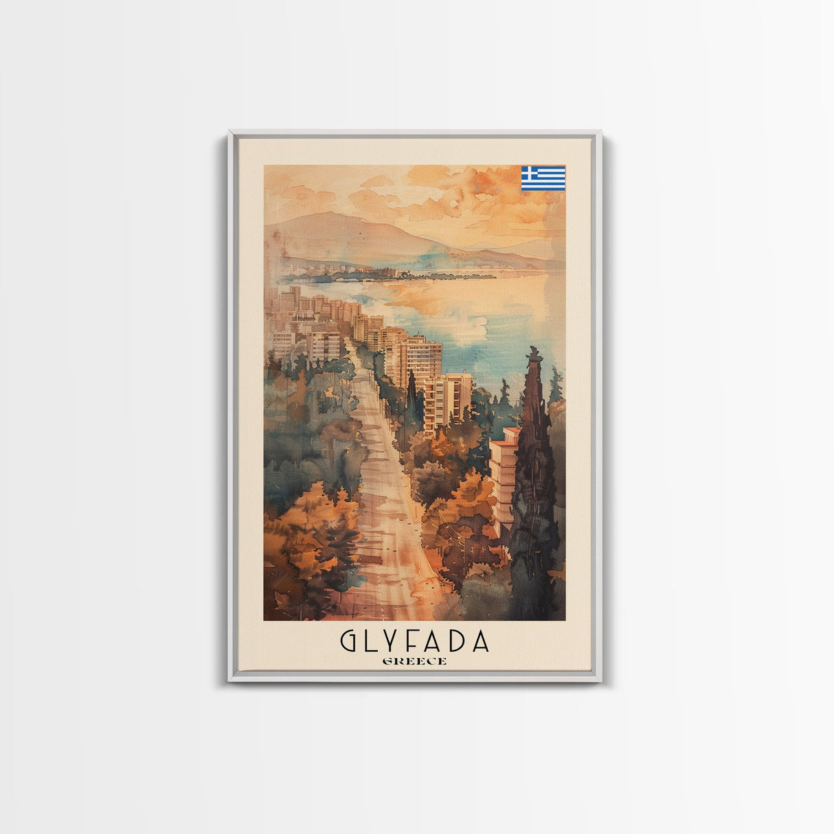 Glyfada Greece Coastline Art, Framed Canvas Print, Living Room Wall Art, Travel Poster, Home Decor, Greek Art