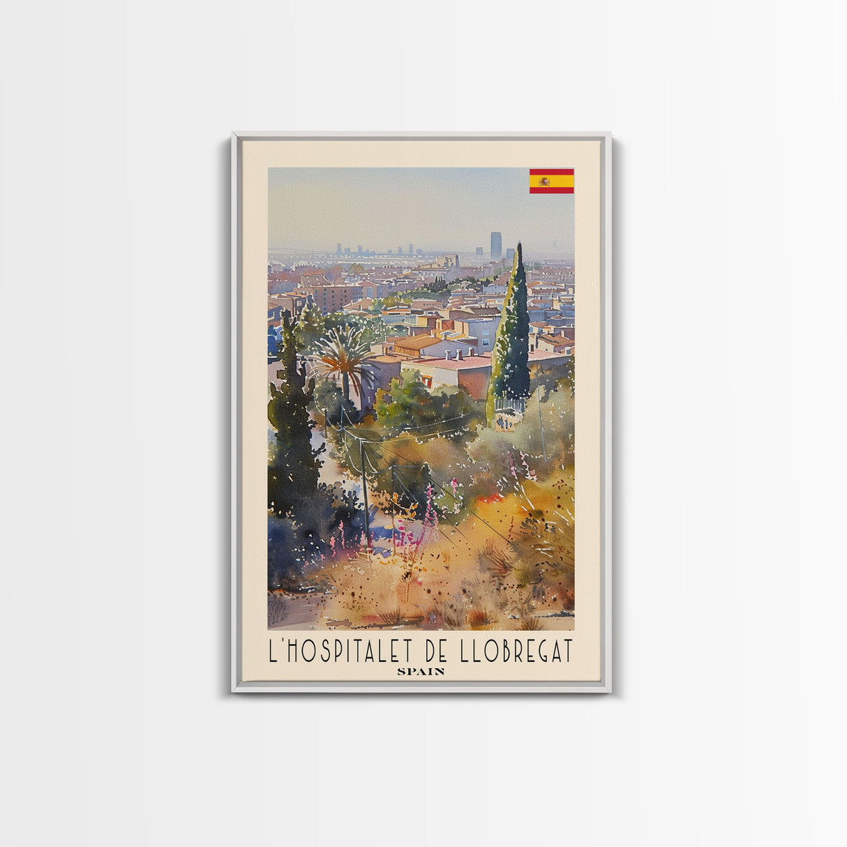 L'Hospitalet Spain Travel Poster Framed Canvas Print, Urban Landscape, Watercolor Painting, Wall Art, Home Decor, Travel Print, Artistic Gift