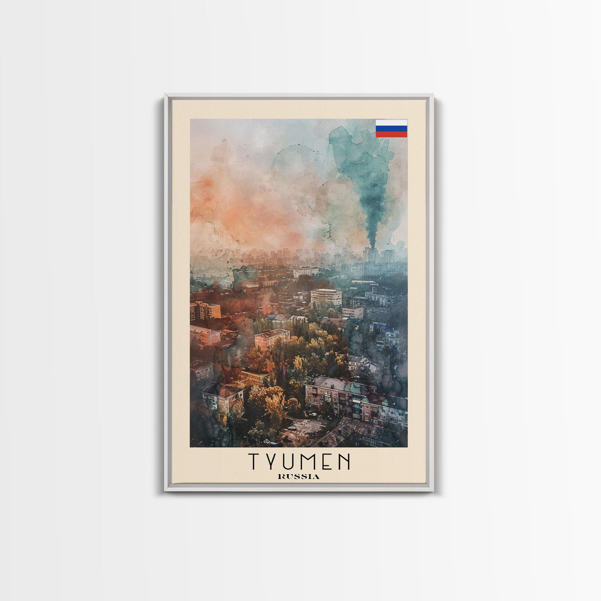 Tyumen Russia Travel Poster Framed Canvas Print, Watercolor Painting, Urban Wall Art, Home Decor, Russian Cityscape, Classic Art