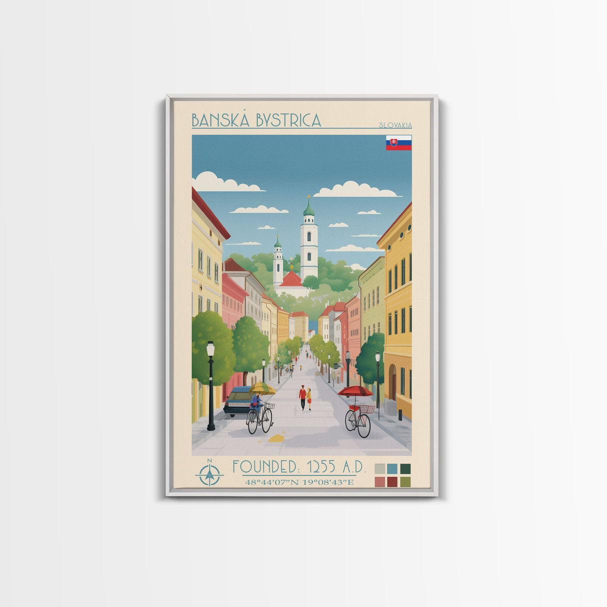 Banská Bystrica City in Slovakia Slovakia Travel Poster Framed Canvas Print, Midcentury Modern Art, Pop Art Wall Decor, Home Decor, Vacation Gift, Living Room Art