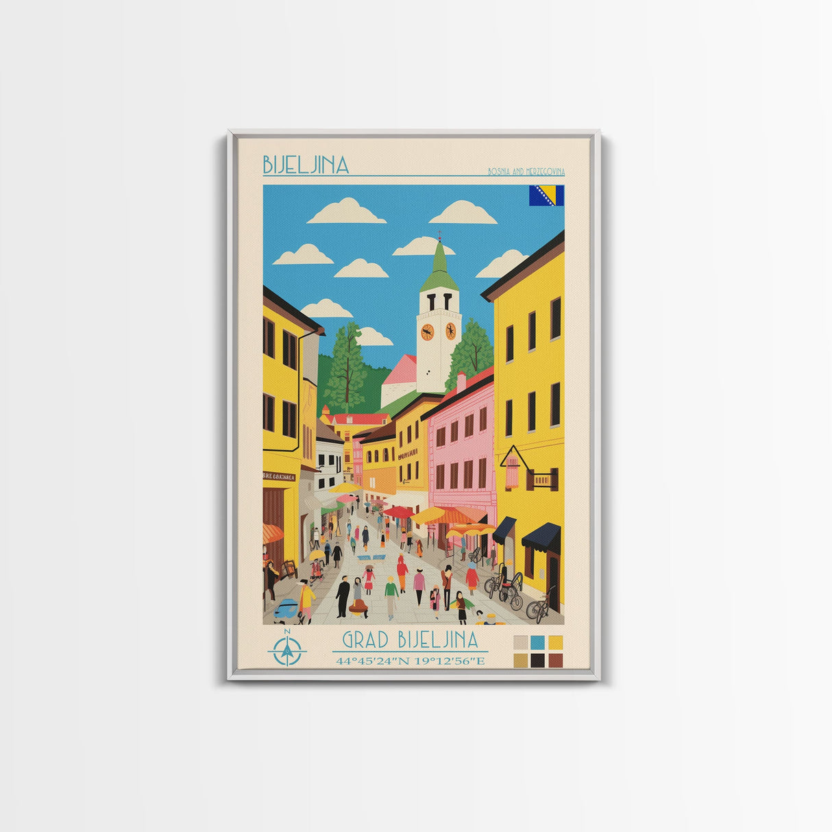 Bijeljina Bosnia Travel Poster Framed Canvas Print, Midcentury Modern Art, Pop Art Wall Decor, Home Decor, Living Room Art, Unique Gift
