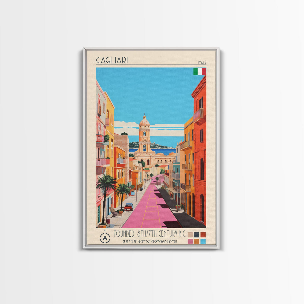 Cagliari Italy Travel Poster Framed Canvas Print, Midcentury Modern Art, Pop Art Wall Decor, Home Decor, Vacation Gift, Living Room Art