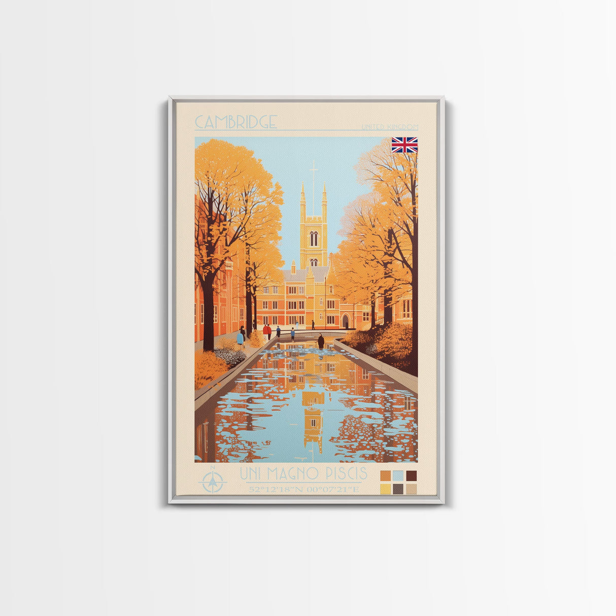 Cambridge United Kingdom Travel Poster Framed Canvas Print, Midcentury Modern Art, Pop Art Wall Decor, Home Decor, Vacation Gift, Living Room Art