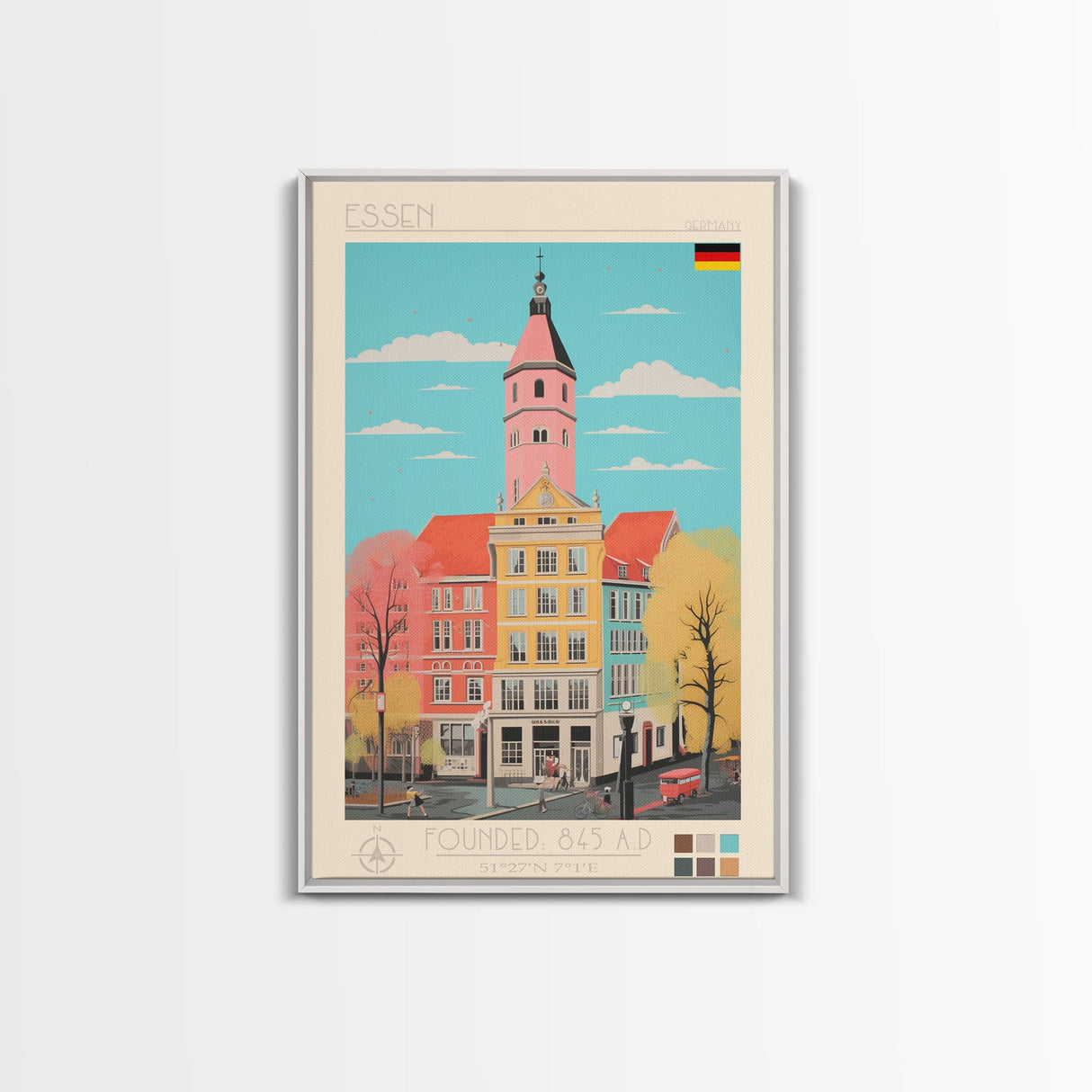 Essen Germany Travel Poster Framed Canvas Print, Midcentury Modern Art, Pop Art Wall Decor, Home Decor, Vacation Gift, Office Art