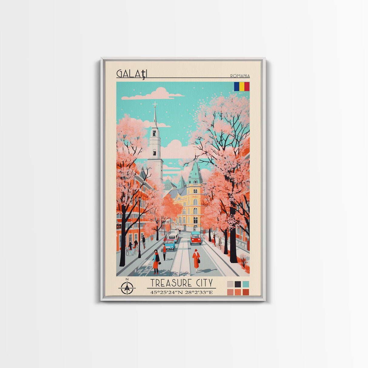 Galați Romania Travel Poster Framed Canvas Print, Midcentury Modern Art, Pop Art Wall Decor, Scenic Wall Art, Bedroom Decoration, Office Art