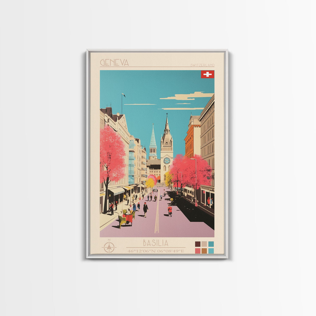 Geneva Switzerland Travel Poster Framed Canvas Print, Midcentury Modern Art, Pop Art Wall Decor, Scenic Wall Art, Living Room Decoration, Office Art