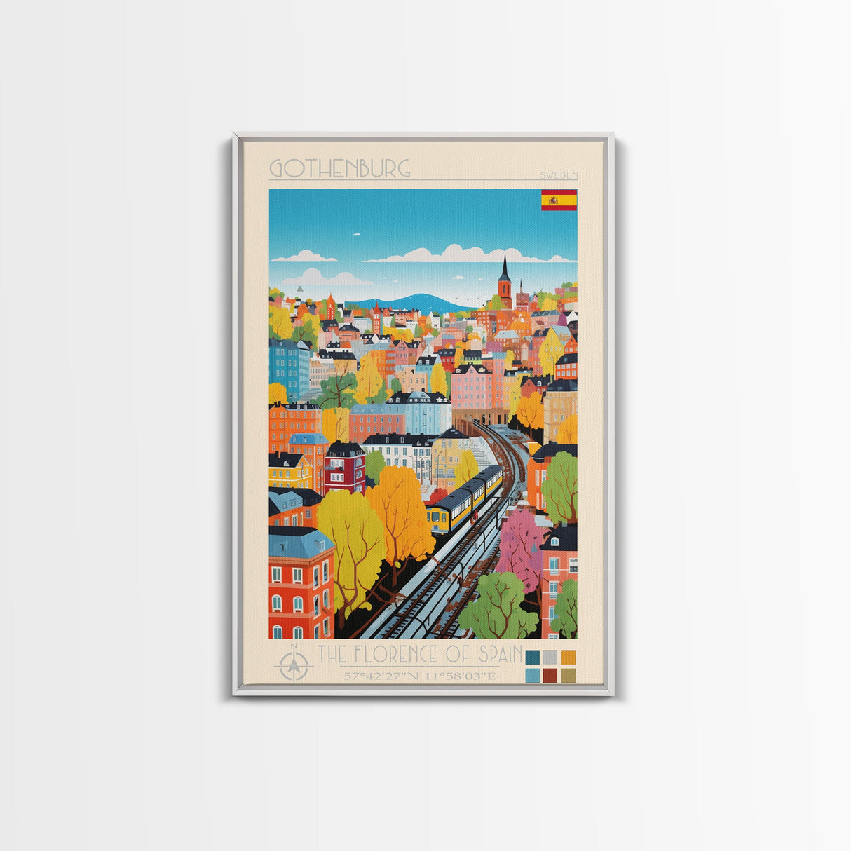 Gothenburg Sweden Travel Poster Framed Canvas Print, Midcentury Modern Art, Pop Art Wall Decor, Scenic Bedroom Art, Office Decoration
