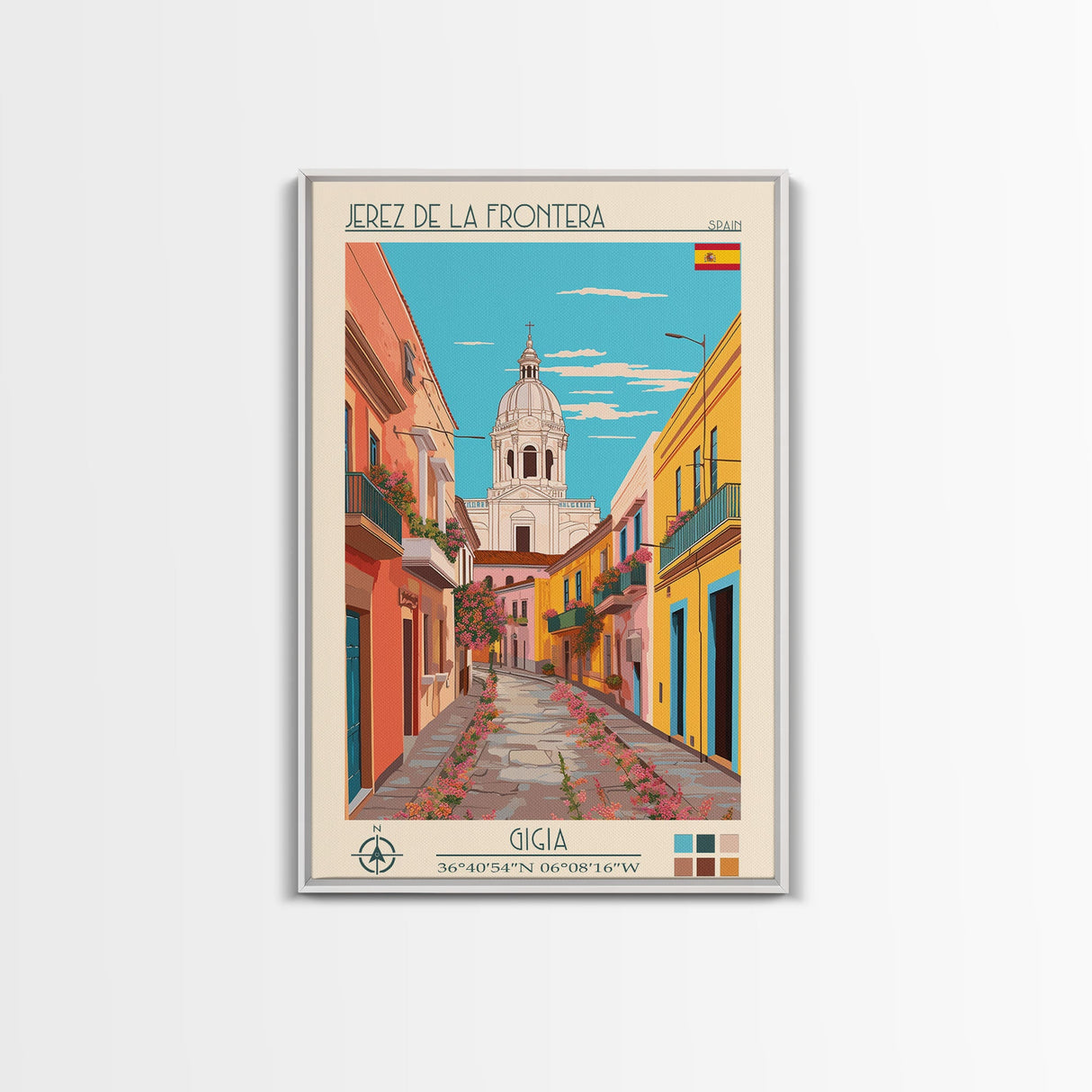 Jerez de la Frontera Spain Travel Poster Framed Canvas Print, Midcentury Modern Art, Pop Art Wall Decor, Scenic Bedroom Art, Office Decoration