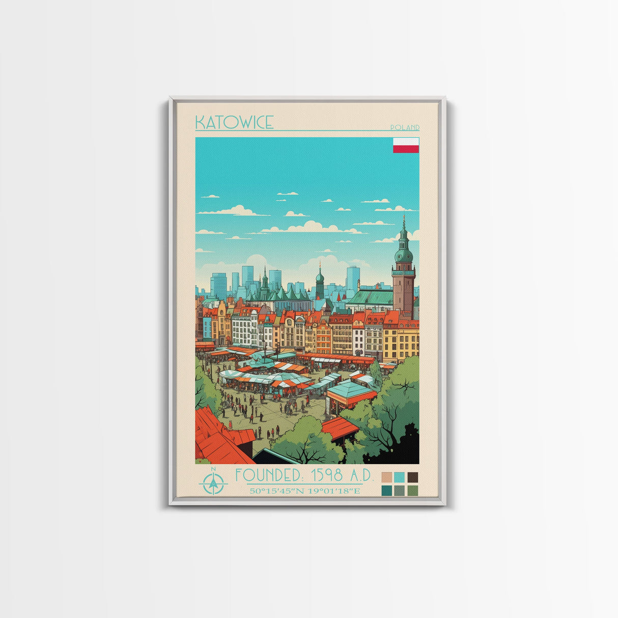 Katowice Poland Travel Poster Framed Canvas Print, Midcentury Modern Art, Pop Art Wall Decor, Home Decor, Vacation Gift, Office Art