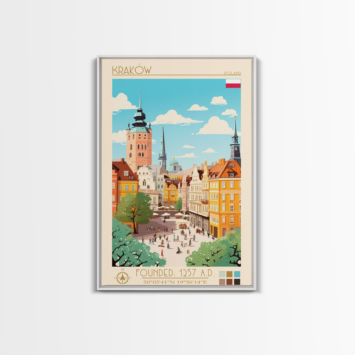 Kraków Poland Travel Poster Framed Canvas Print, Midcentury Modern Art, Pop Art Wall Decor, Home Decor, Vacation Gift, Bedroom Art