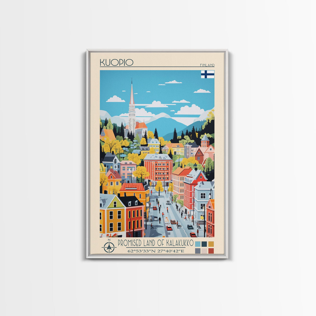 Kuopio Finland Travel Poster Framed Canvas Print, Midcentury Modern Art, Pop Art Wall Decor, Home Decor, Vacation Gift, Bedroom Art