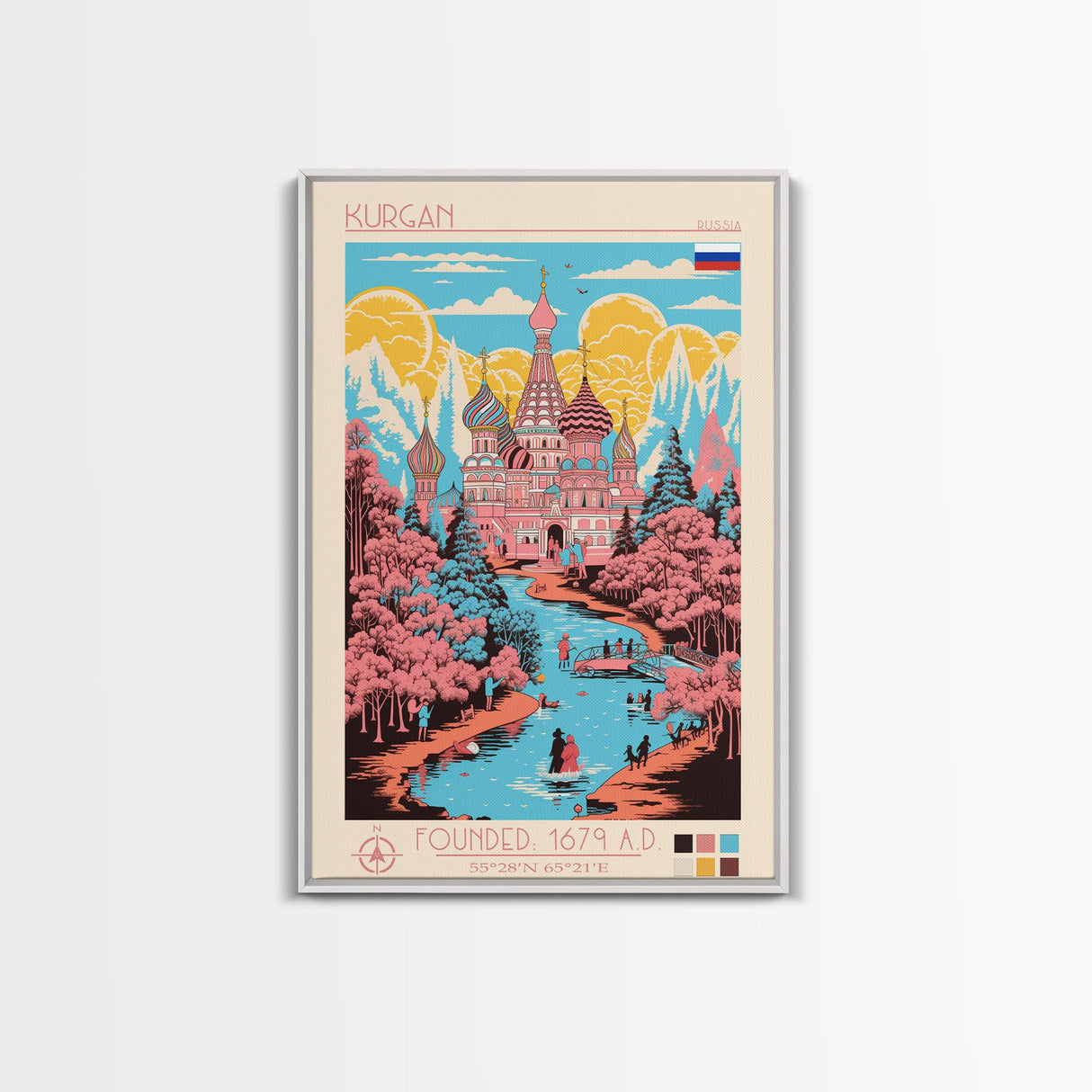 Kurgan Russia Travel Poster Framed Canvas Print, Midcentury Modern Art, Pop Art Wall Decor, Scenic Wall Art, Living Room Decoration, Office Gift