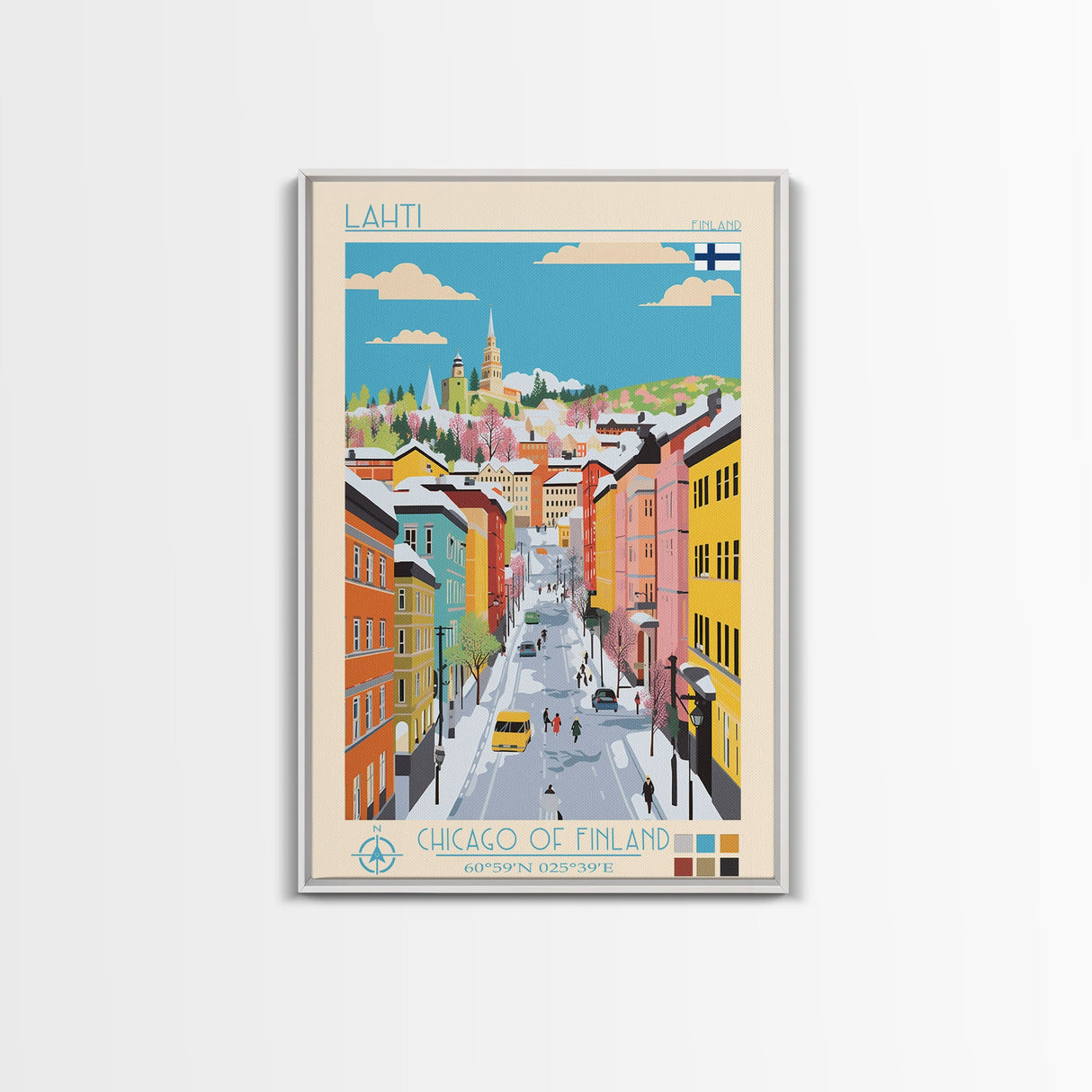Lahti Finland Travel Poster Framed Canvas Print, Midcentury Modern Art, Pop Art Wall Decor, Scenic Wall Art, Living Room Decoration, Office Art