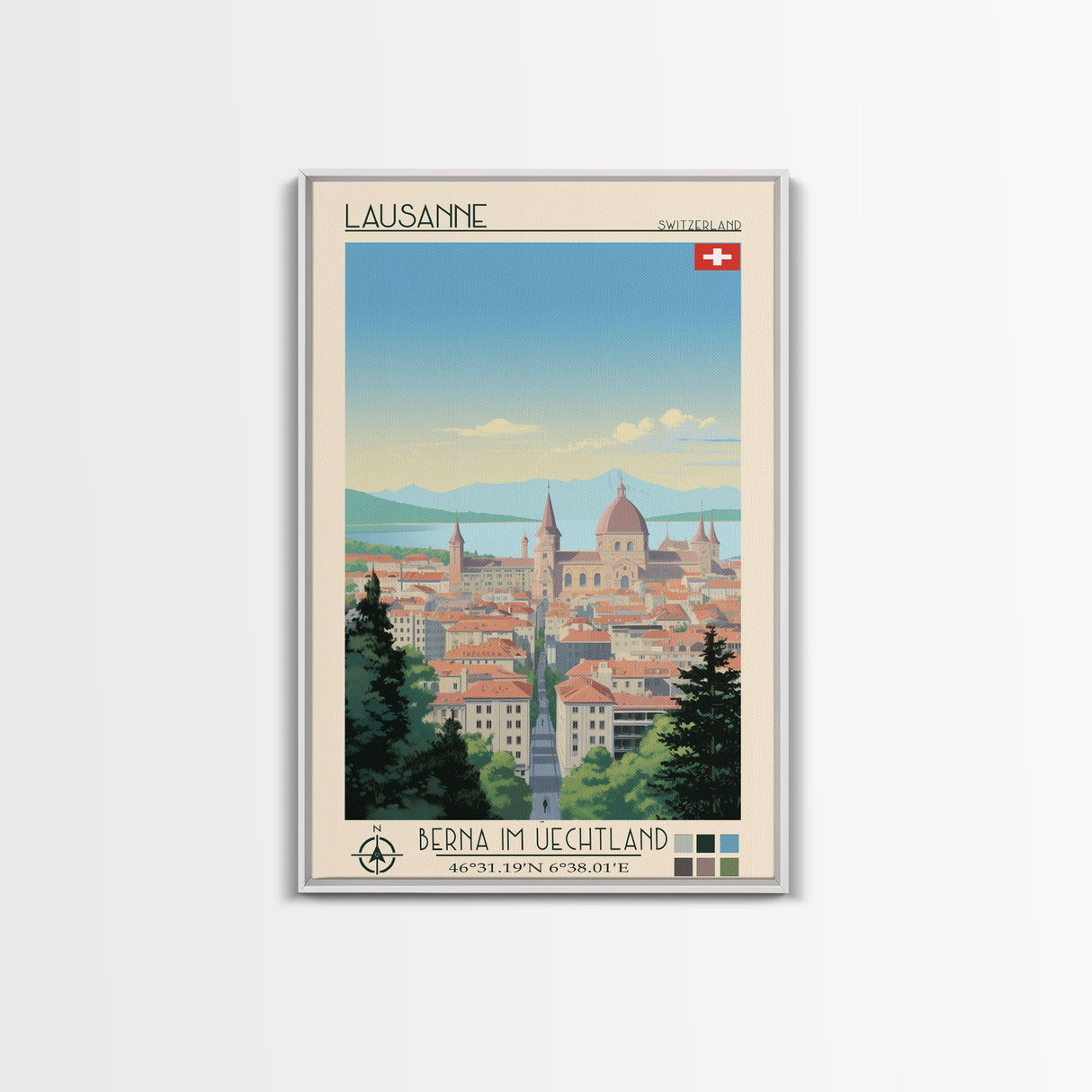 Lausanne Switzerland Travel Poster Framed Canvas Print, Midcentury Modern Art, Pop Art Wall Decor, Scenic Wall Art, Living Room Decoration, Office Art