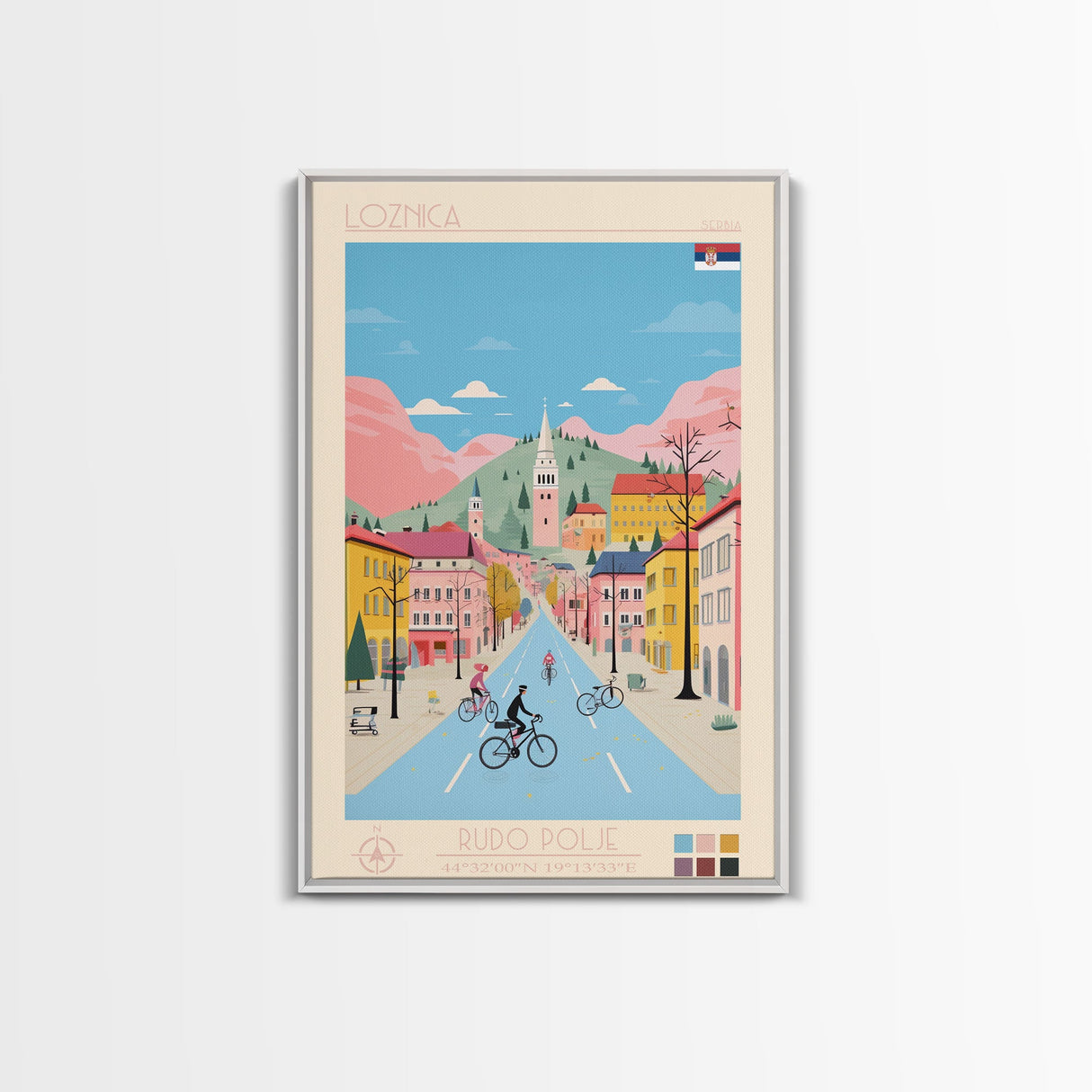Loznica Serbia Travel Poster Framed Canvas Print, Midcentury Modern Art, Pop Art Wall Decor, Scenic Art, Home and Office Decoration