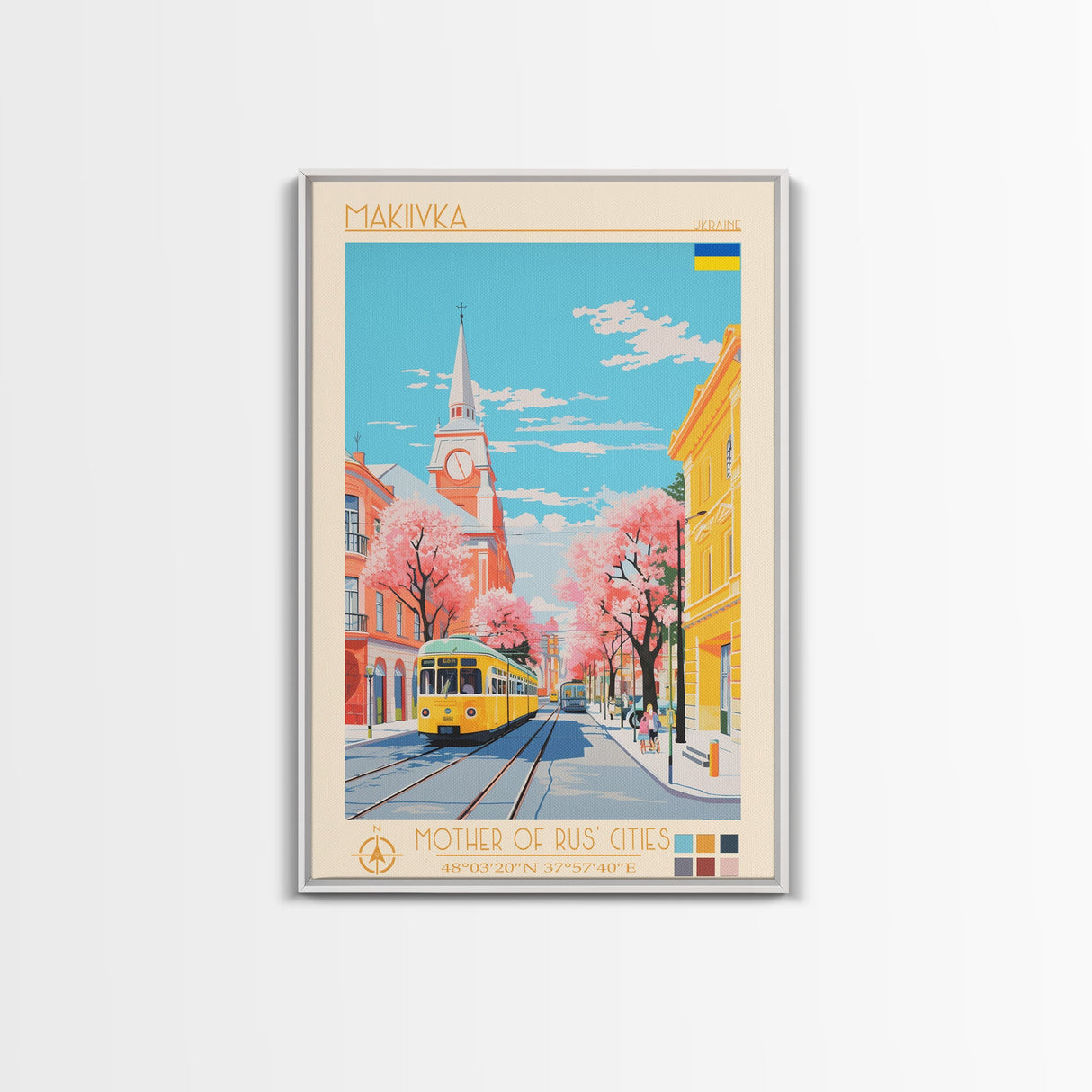 Makiivka Ukraine Travel Poster Framed Canvas Print, Midcentury Modern Art, Pop Art Wall Decor, Home Decor, Vacation Gift, Bedroom Art