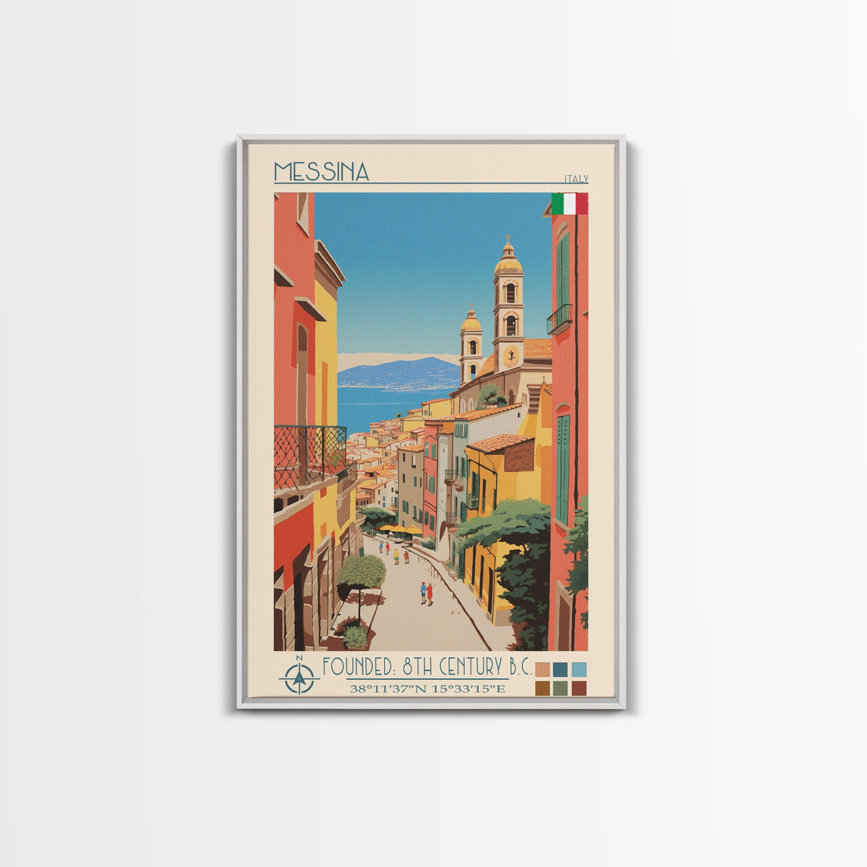 Messina Italy Travel Poster Framed Canvas Print, Midcentury Modern Art, Pop Art Wall Decor, Scenic Wall Art, Bedroom Decoration