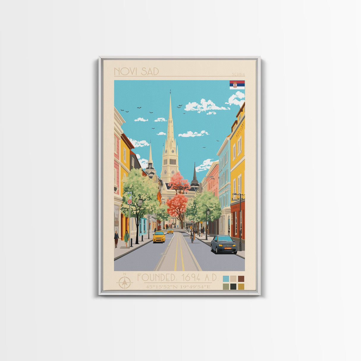 Novi Sad Serbia Travel Poster Framed Canvas Print, Midcentury Modern Art, Pop Art Wall Decor, Scenic Wall Art, Bedroom Decoration