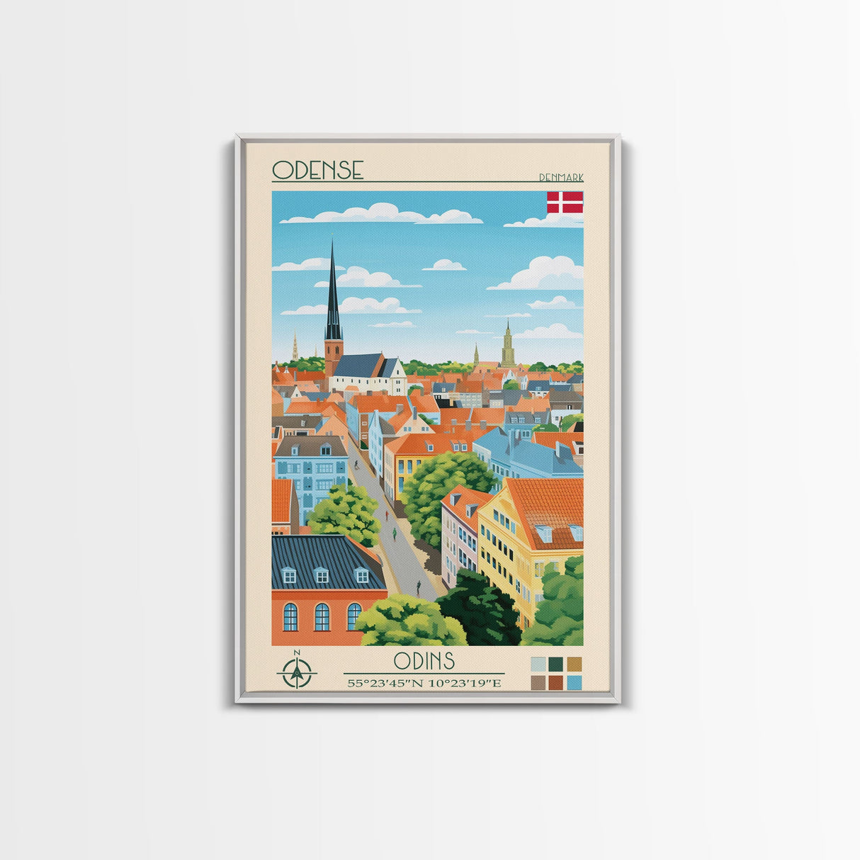 Odense Denmark Travel Poster Framed Canvas Print, Midcentury Modern Art, Pop Art Wall Decor, Scenic Wall Art, Living Room Decoration, Office Art