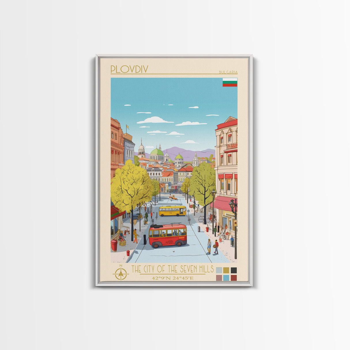 Plovdiv Bulgaria Travel Poster Framed Canvas Print, Midcentury Modern Art, Pop Art Wall Decor, Living Room Art, Home Decoration