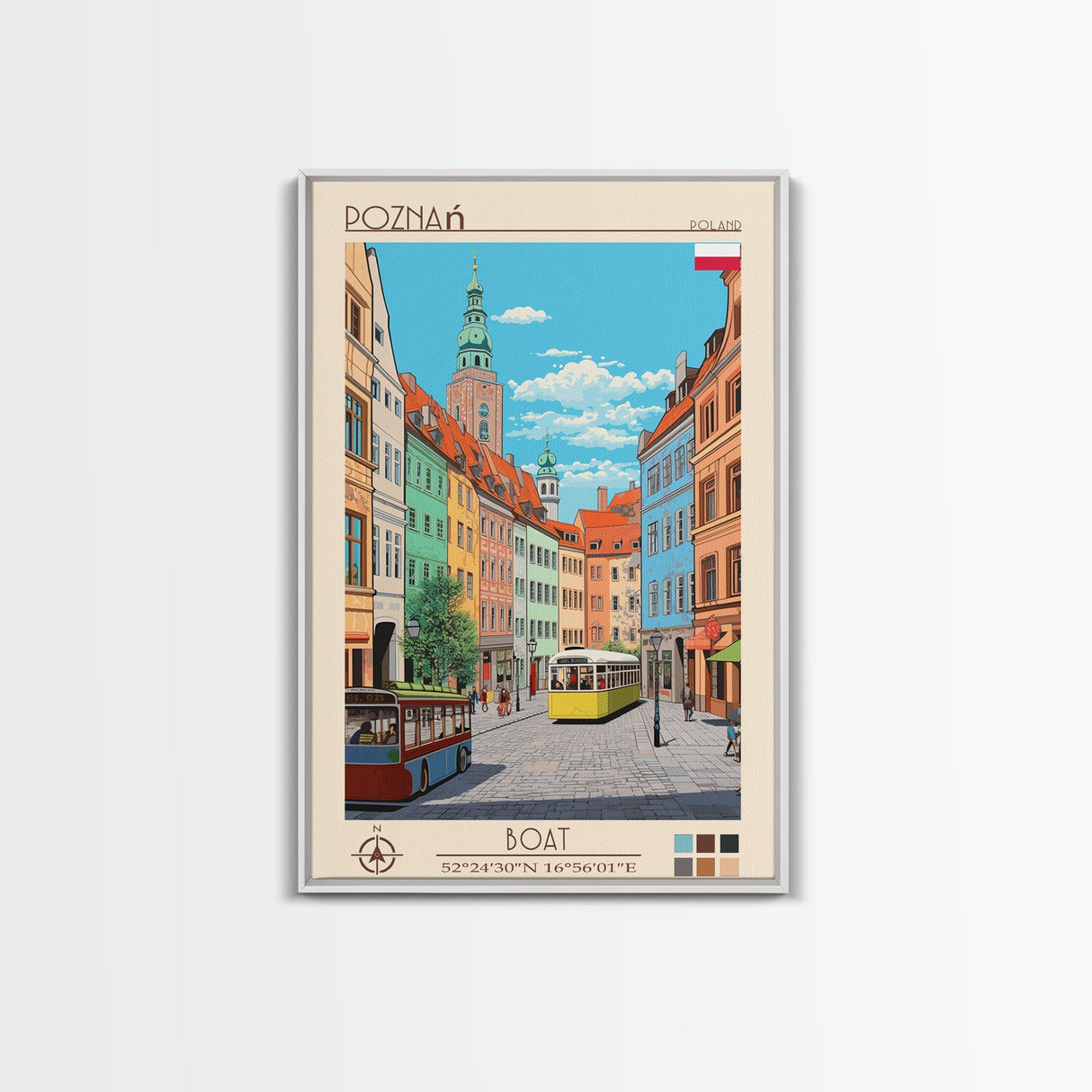 Poznań Poland Travel Poster Framed Canvas Print, Midcentury Modern Art, Pop Art Wall Decor, Scenic Bedroom Art, Office Decoration