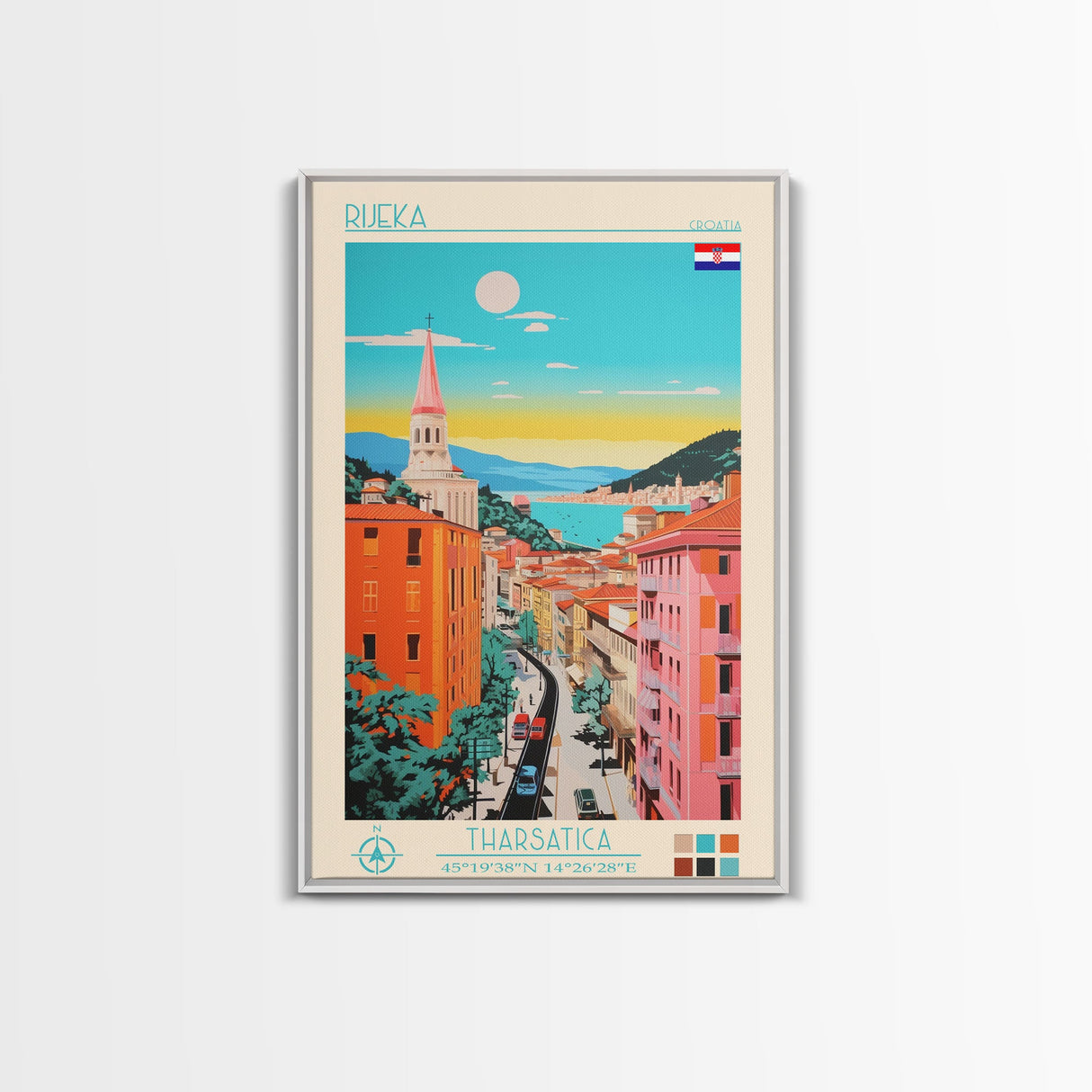 Rijeka Croatia Travel Poster Framed Canvas Print, Midcentury Modern Art, Pop Art Wall Decor, Scenic Wall Art, Living Room Decoration, Office Art