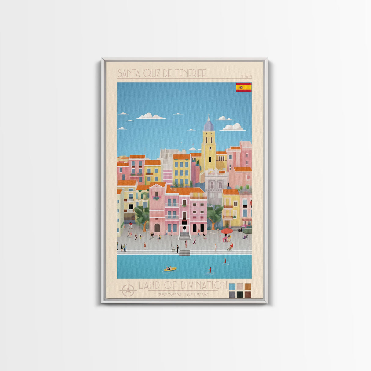 Santa Cruz de Tenerife Spain Travel Poster Framed Canvas Print, Midcentury Modern Art, Pop Art Wall Decor, Living Room Art, Bedroom Decoration