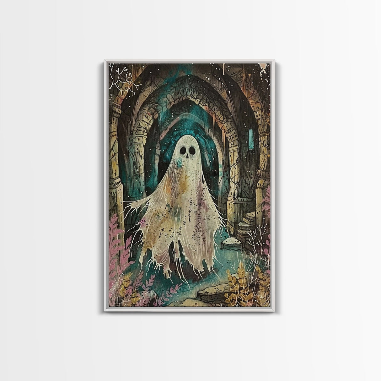 Ghostly Figure in Ancient Ruins Framed Canvas Print, Haunted Ruins Decor, Halloween Ghost Art, Eerie Ghostly Wall Art, Spooky Ghost Print
