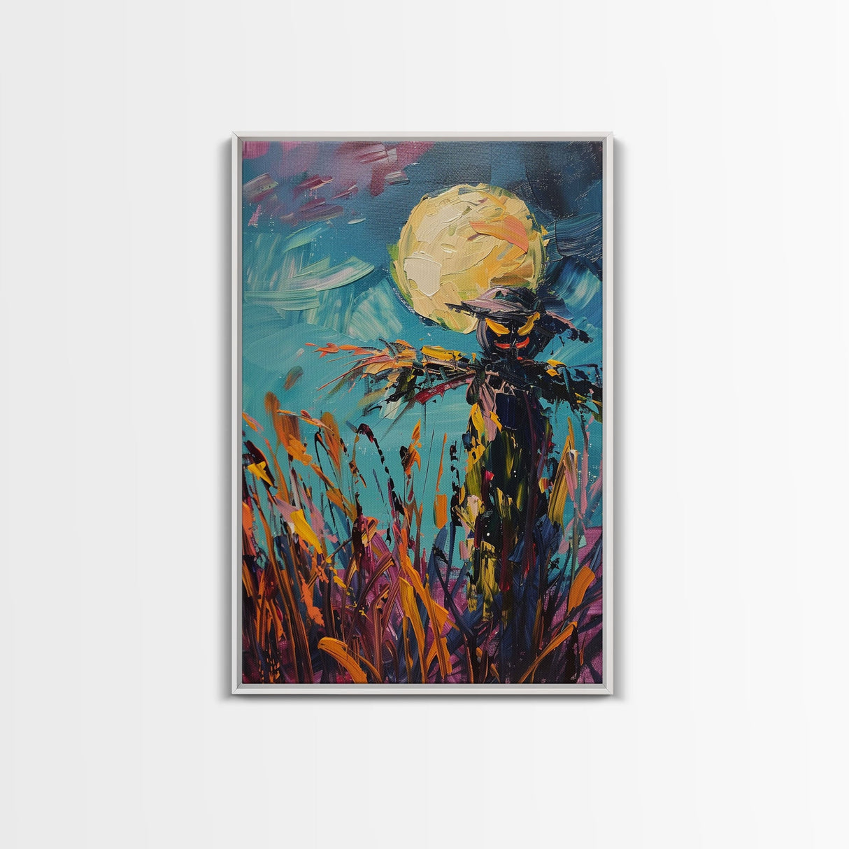 Halloween Spooky Scarecrow Under Full Moon Framed Canvas Print, Haunted Field Wall Art, Home Decor, Seasonal Decor, Gift Idea, Harvest Night