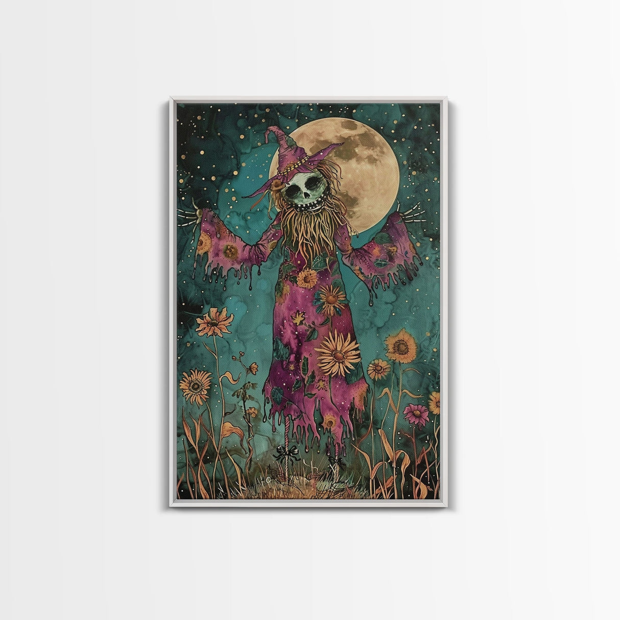 Halloween Creepy Scarecrow with Glowing Pumpkin Head Framed Canvas Print Haunted Harvest Wall Art Home Decor, Decor, Gift Idea, Spooky Vibes