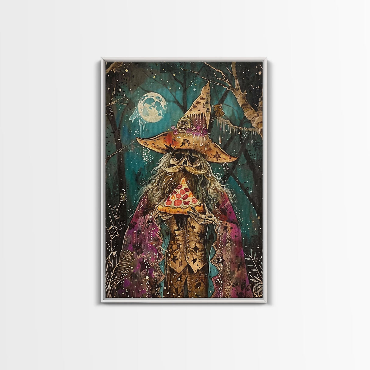 Ghostly Wizard Having A Slice of Pizza, Funny Halloween Decor, Framed Canvas Print