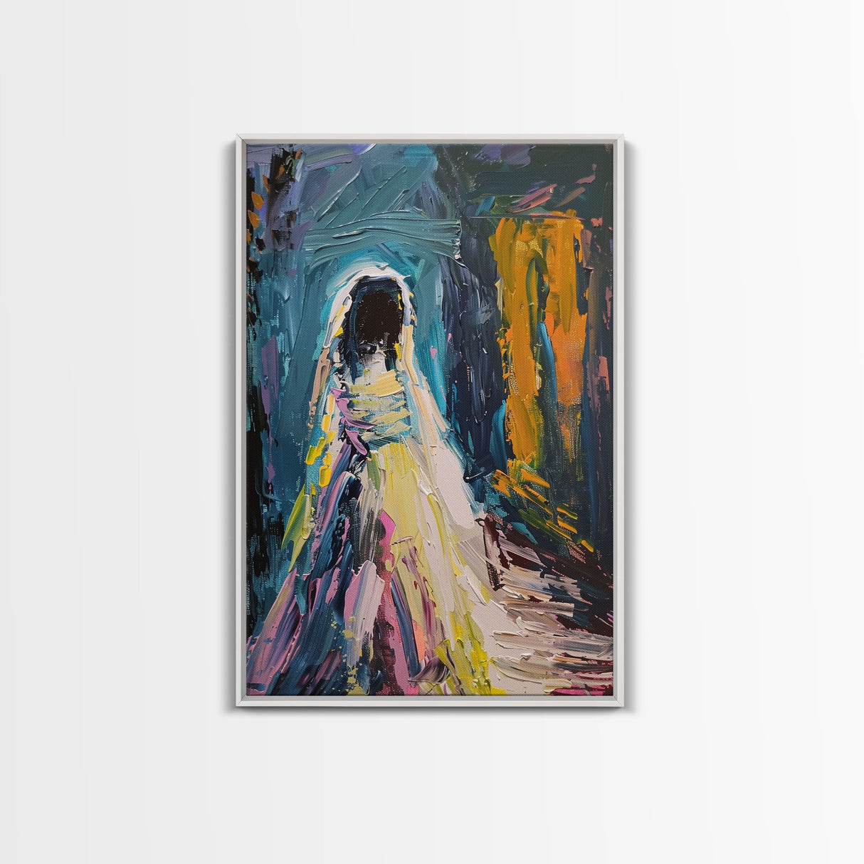 Halloween Haunted Veiled Ghost, Framed Canvas Print, Wall Art, Living Room Decor, Spooky, Ghost Art, Original Painting, Home Decor