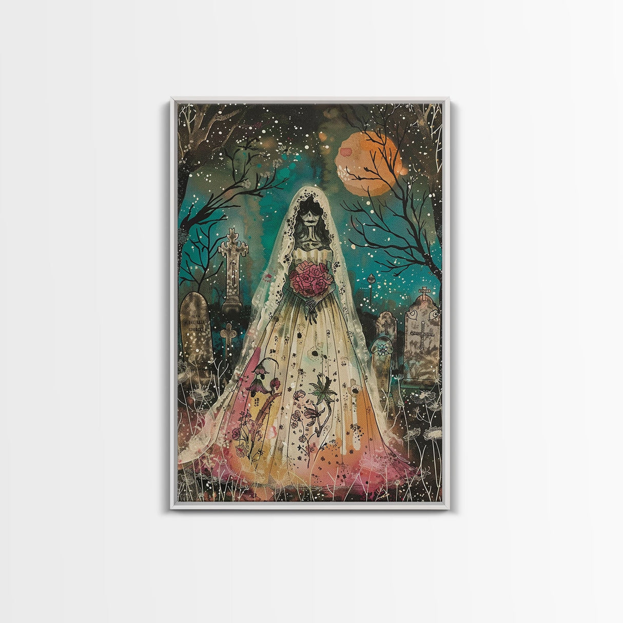 Halloween Skeleton Bride in Cemetery, Framed Canvas Print, Wall Art, Living Room Decor, Spooky, Skeleton Art, Original Painting, Home Decor