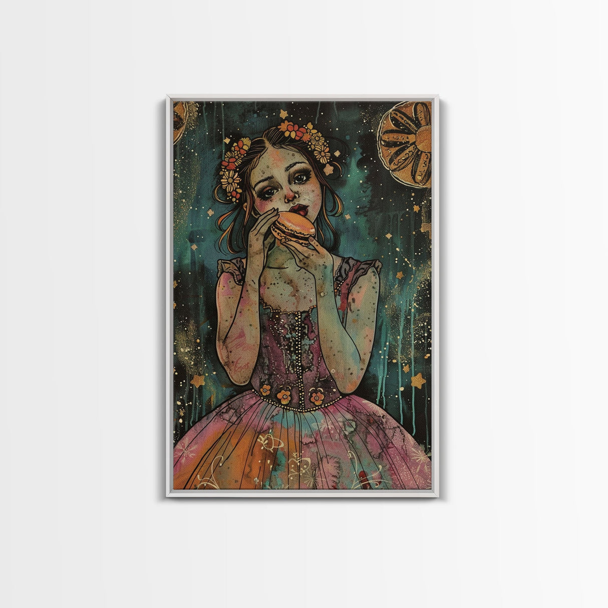Halloween Girl Eating Macaron, Framed Canvas Print, Wall Art, Living Room Decor, Spooky, Girl Art, Original Painting, Home Decor