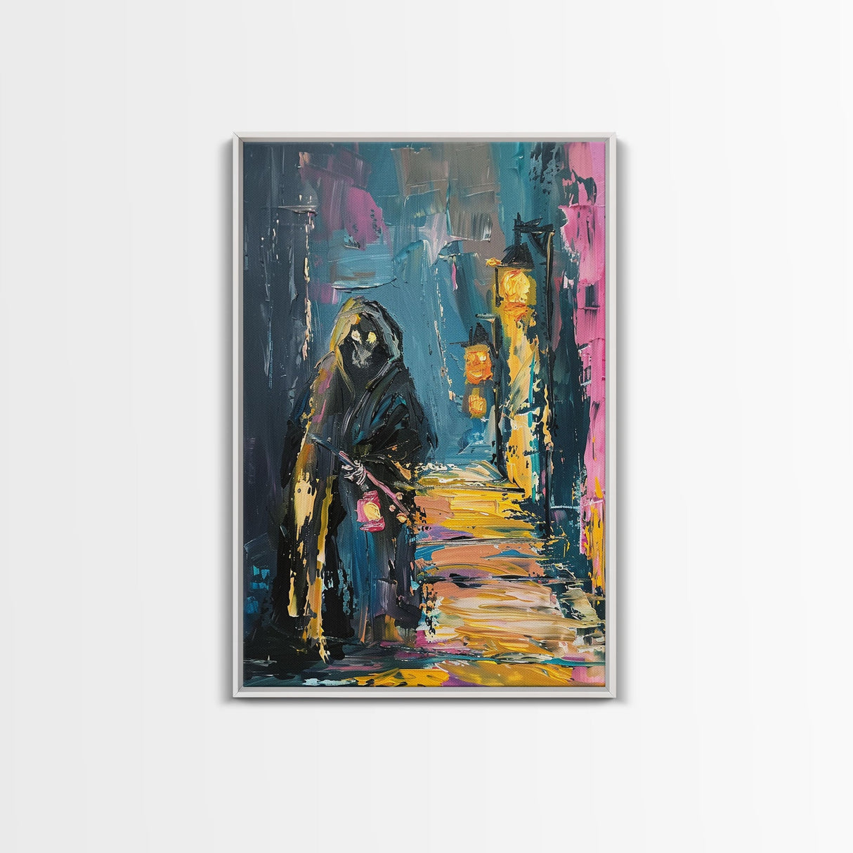 Halloween Grim Reaper with Lantern, Framed Canvas Print, Wall Art, Living Room Decor, Spooky, Grim Reaper Art, Original Painting
