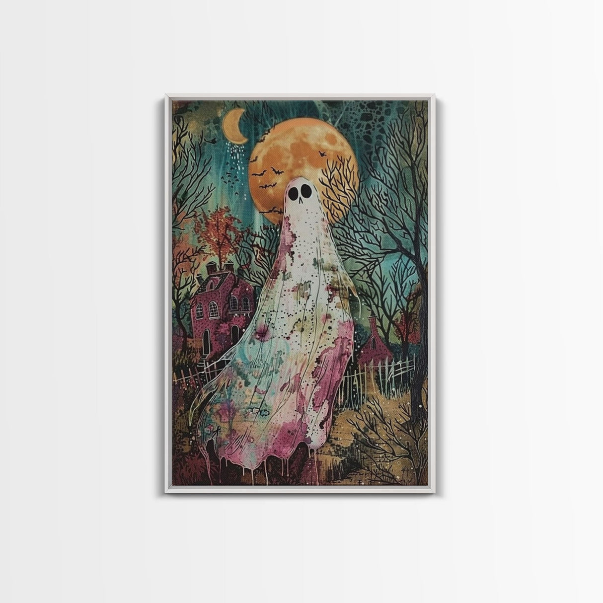 Halloween Ghost in Haunted Forest Framed Canvas Print, Spooky Decor, Living Room Art, Creepy Halloween Wall Art, Home Decoration