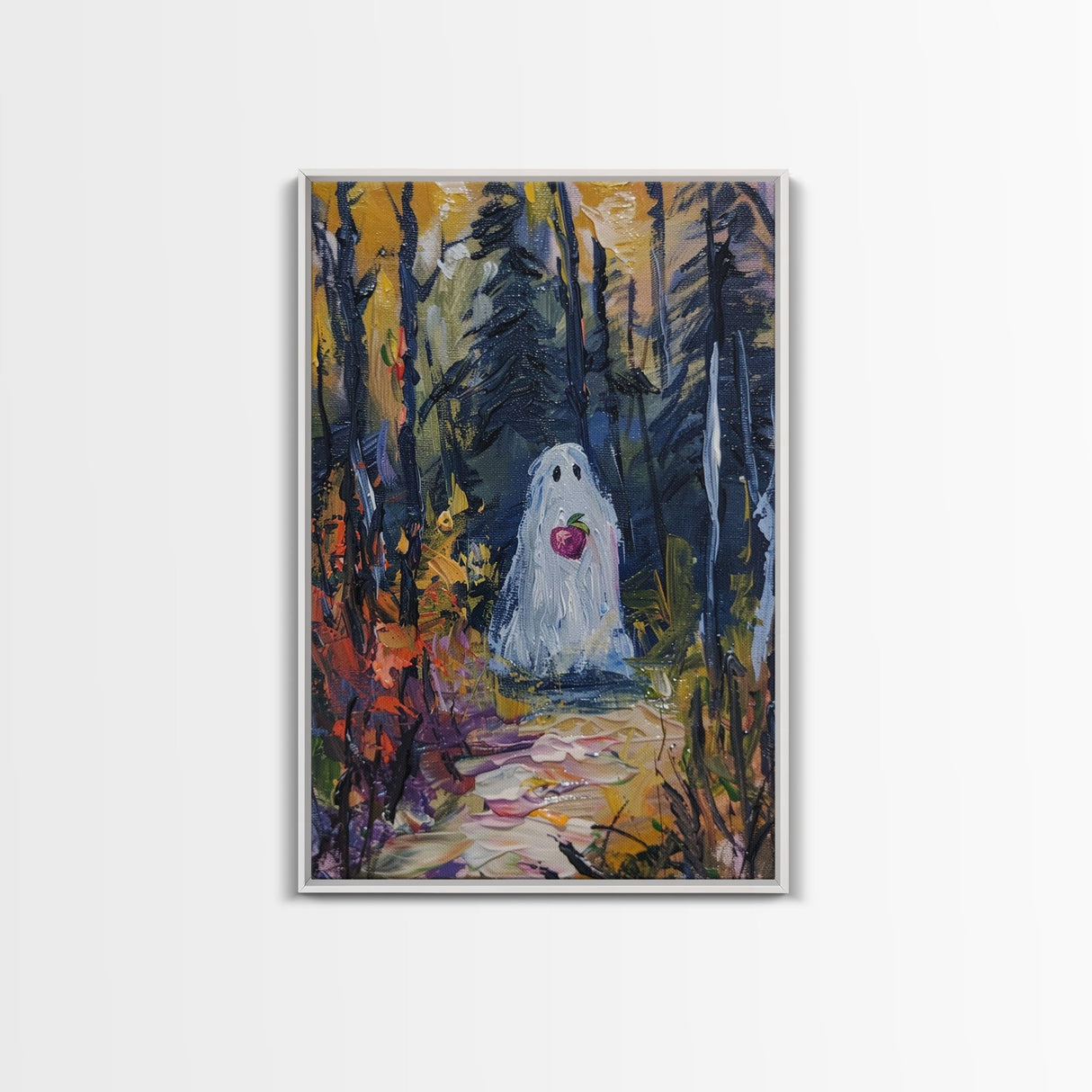 Halloween Ghost in Forest with Apple Framed Canvas Print, Whimsical Spooky Decor, Living Room Art, Fun Halloween Art, Home Decor, Retro Art