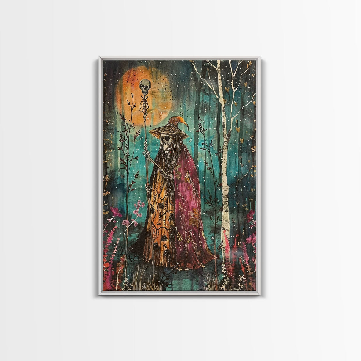 Halloween Skeleton with Spider Webs, Framed Canvas Print, Wall Art, Spooky Decor, Halloween Decoration, Living Room Art, Unique Gift